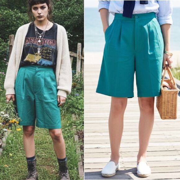 VTG Ellen Figg Green Ultra High Rise Linen Blend Bermuda Mom Shorts SZ 10 - Picture 4 of 16